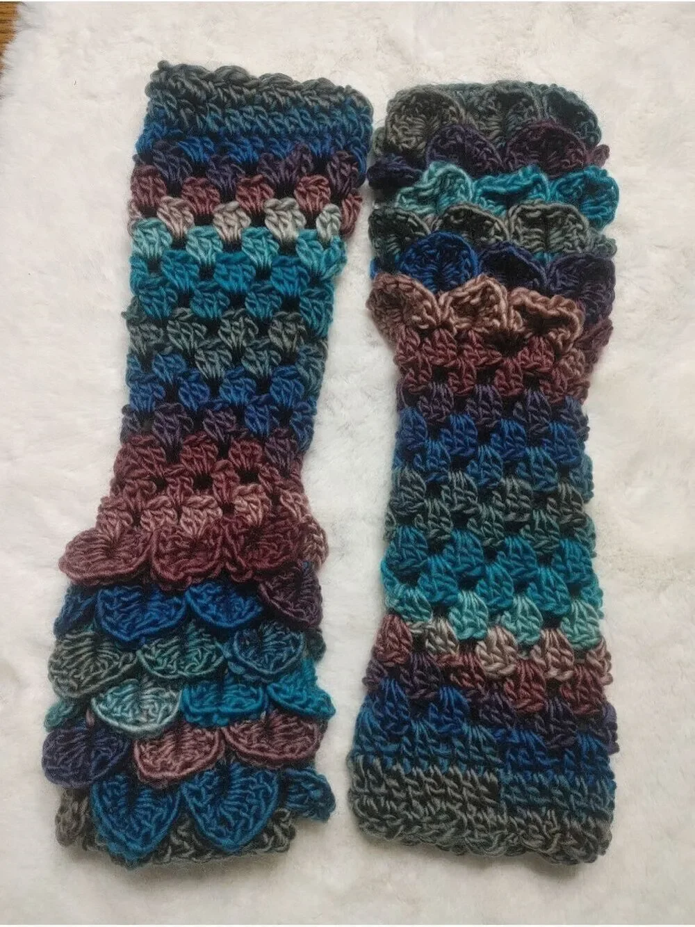 Just in! Handmade Crocheted Dragonscale Fingerless Texting Gloves in Deep Ocean